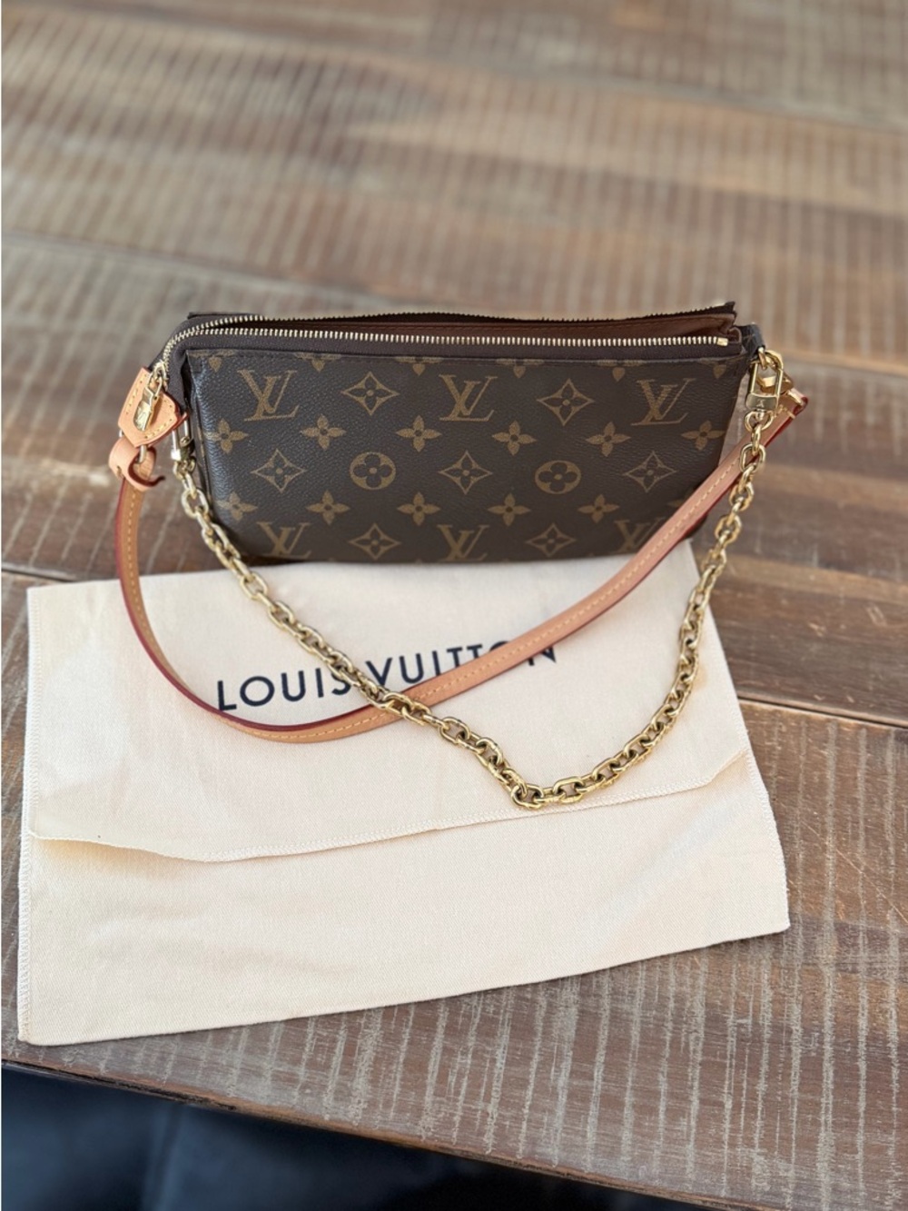 Louis Vuitton Brown Monogram Crossbody Pochette with Gold Chain